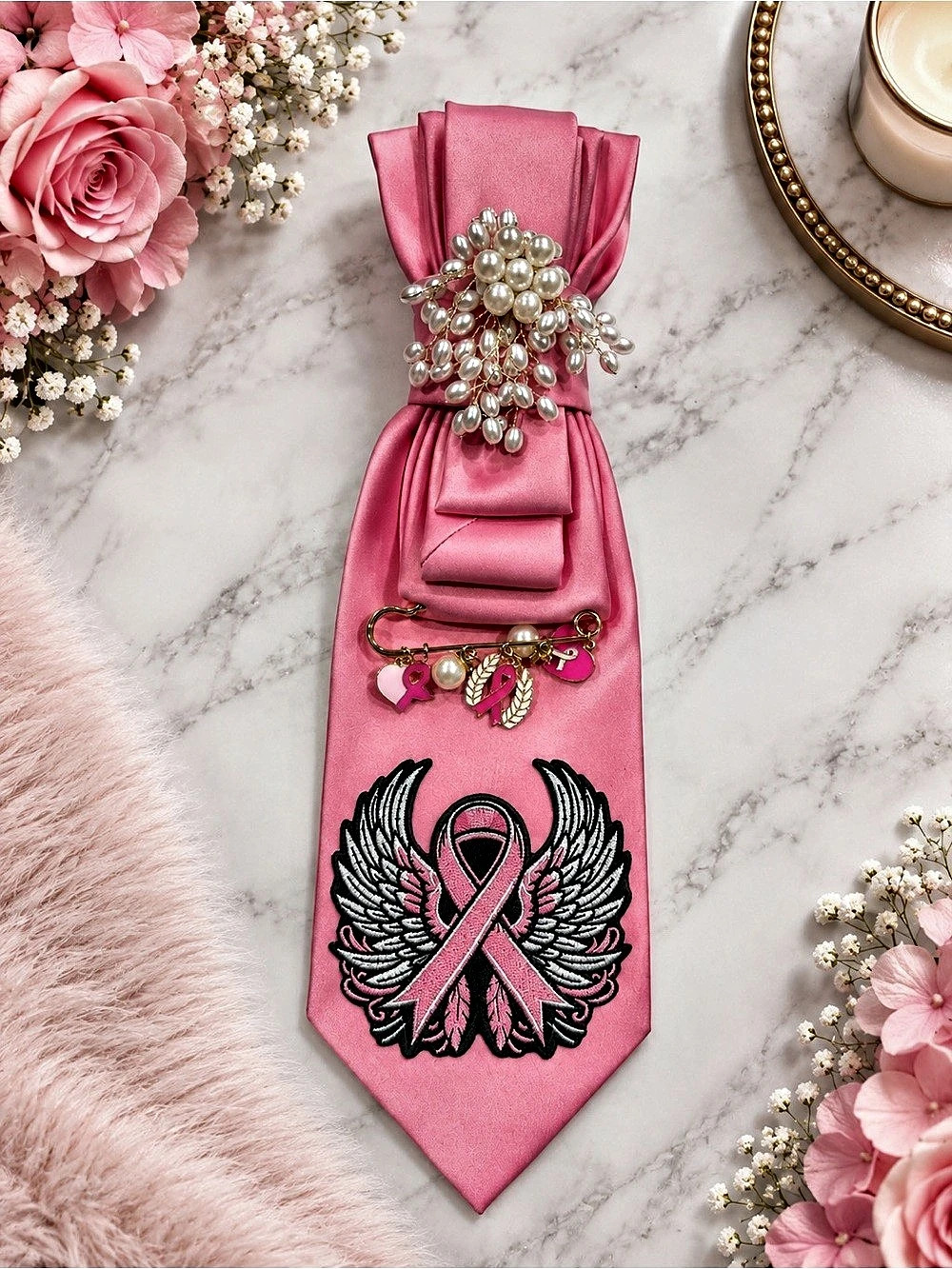 Pink & Black Embellished Ribbon Scarf